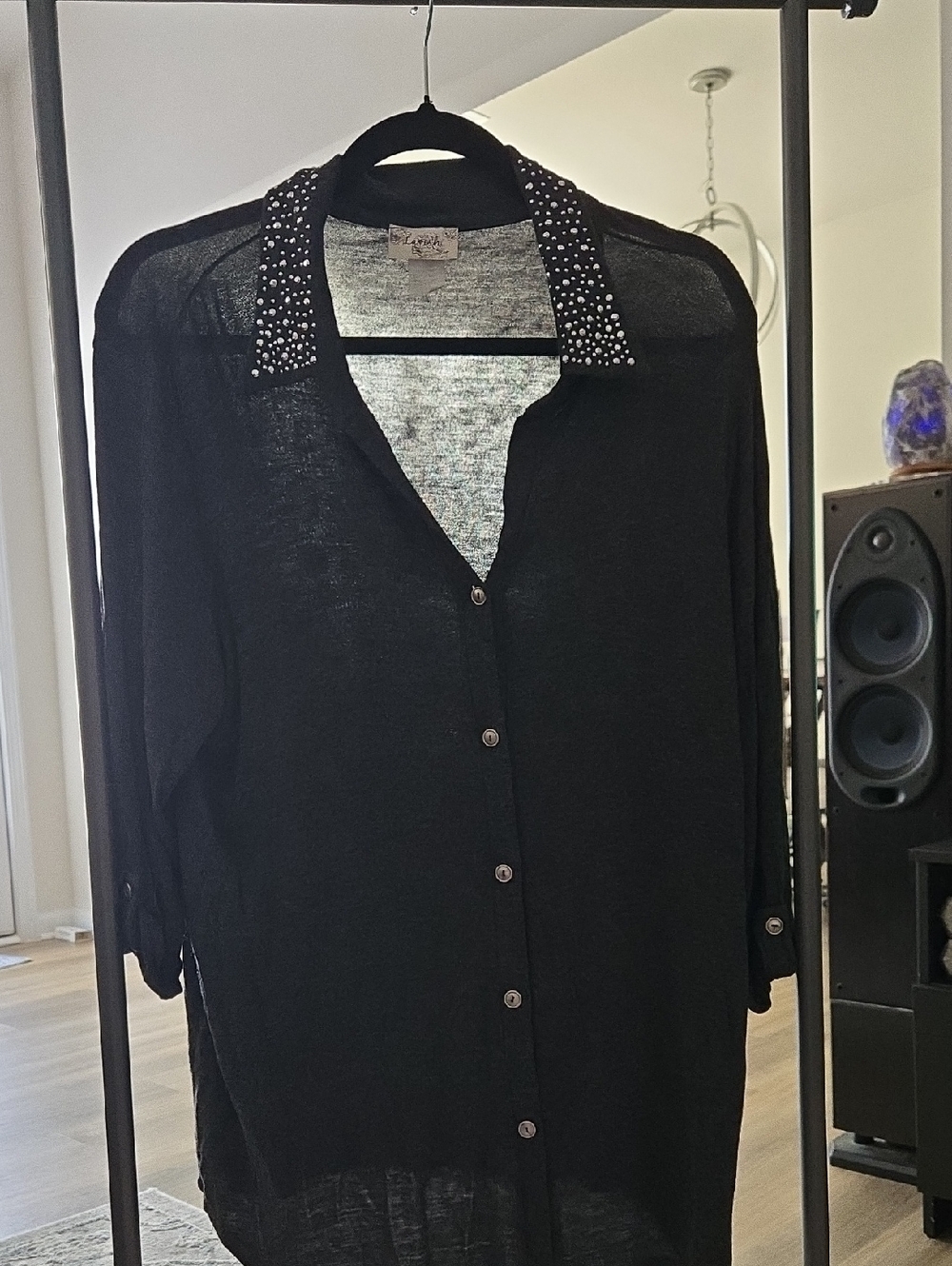 Lavish Dark Grey Button-Down Shirt with Studded Collar